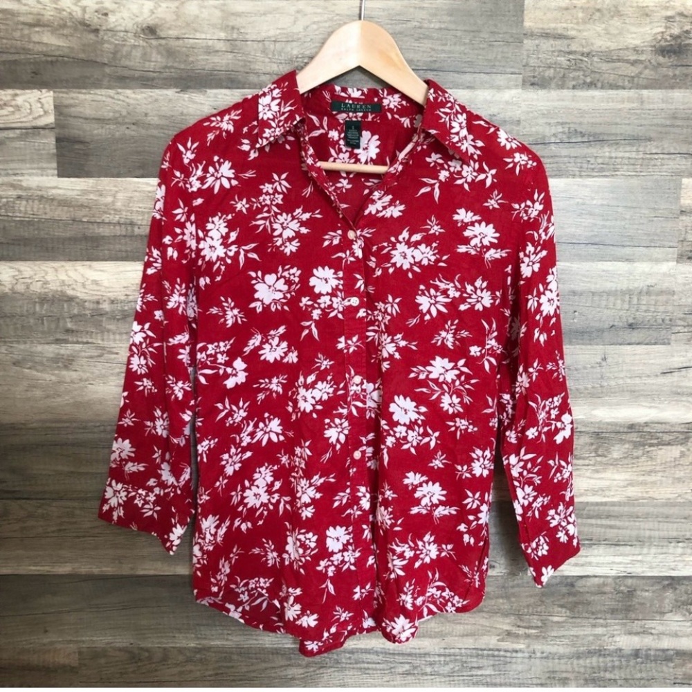 RALPH LAUREN Red White Tropical Floral Lightweight Cotton Button Down Shirt - S